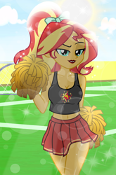 Size: 4932x7476 | Tagged: safe, artist:emeraldblast63, sunset shimmer, human, equestria girls, g4, breasts, cheerleader, cleavage, clothes, female, makeup, pom pom, skirt, solo, stupid sexy sunset shimmer, tank top