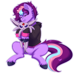 Size: 1907x1870 | Tagged: safe, artist:alunedoodle, oc, oc only, pony, clothes, eyes closed, female, holding, hoodie, plushie, pokémon, smiling, solo