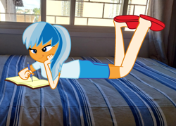 Size: 1574x1125 | Tagged: safe, artist:ncolque, equestria girls, g4, bed, feet in the air, female, irl, photo, sunlight
