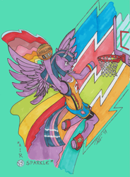 Size: 827x1126 | Tagged: safe, artist:touki-san, twilight sparkle, alicorn, semi-anthro, g4, anatomically incorrect, arms in the air, basket, basketball, basketball net, clothes, colorful background, copic, deviantart, equine, flying, jersey, marker drawing, markers, shoes, shorts, solo, sports, sports outfit, sports shorts, spread wings, traditional art, twilight sparkle (alicorn), wat, wings