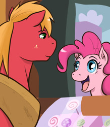 Size: 543x623 | Tagged: safe, artist:redhotkick, big macintosh, pinkie pie, earth pony, pony, ask big red macintosh, g4, duo, duo male and female, female, looking at each other, looking at someone, male, mare, open mouth, open smile, smiling, smiling at each other, stallion, sugarcube corner