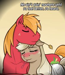 Size: 434x498 | Tagged: safe, artist:redhotkick, applejack, big macintosh, earth pony, pony, ask big red macintosh, g4, blushing, brother and sister, dialogue, duo, duo male and female, eyes closed, female, floppy ears, freckles, gradient background, male, mare, mouth hold, nuzzling, red nosed, siblings, sick, stallion, straw in mouth, thermometer