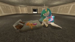 Size: 1920x1080 | Tagged: safe, artist:nouseyourname, princess celestia, scootaloo, alicorn, pegasus, pony, g4, 3d, bed, duo, gm construct, gmod, sleeping