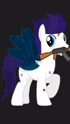 Size: 1242x2208 | Tagged: safe, artist:beforemonty, oc, oc only, oc:megalou, black background, blue eyes, gun, injured, purple mane, purple tail, raised hoof, simple background, solo, spread wings, tail, trace, weapon, wingboner, wings