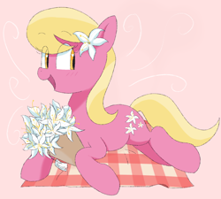Size: 1166x1049 | Tagged: safe, artist:spoonie, lily, lily valley, earth pony, pony, g4, blushing, bouquet, eye clipping through hair, eyebrows, eyebrows visible through hair, female, flower, flower in hair, implied anon, looking at you, mare, picnic blanket, simple background, smiling, smiling at you, solo