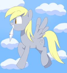 Size: 2069x2263 | Tagged: safe, artist:spoonie, derpy hooves, pegasus, pony, g4, eye clipping through hair, eyebrows, eyebrows visible through hair, female, heart, letter, mare, mouth hold, sky background, solo