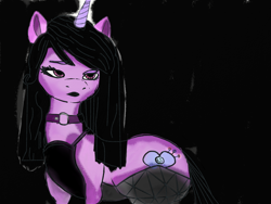 Size: 1024x768 | Tagged: safe, artist:dupeliss, izzy moonbow, pony, unicorn, g5, black background, choker, clothes, female, goth, goth izzy, horn, lidded eyes, mare, simple background, solo, tail