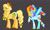 Size: 1762x1046 | Tagged: safe, artist:shrimpnurse, part of a set, applejack, rainbow dash, earth pony, pegasus, pony, g4, blue coat, braid, braided tail, duo, gray background, green eyes, multicolored hair, profile, purple eyes, rainbow hair, redesign, simple background, smiling, smirk, tail, yellow coat, yellow mane