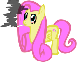 Size: 1099x880 | Tagged: safe, artist:fluor1te, fluttershy, pegasus, pony, g4, bloodshot eyes, cigarette, female, folded wings, mare, simple background, smoke, smoking, solo, tail, transparent background, wings