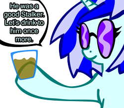 Size: 1440x1255 | Tagged: safe, artist:fluor1te, dj pon-3, vinyl scratch, pony, unicorn, g4, 2012, alcohol, dialogue, drink, female, hoof hold, horn, mare, simple background, solo, speech bubble, sunglasses, transparent background