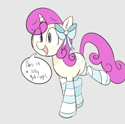 Size: 1589x1575 | Tagged: safe, artist:spoonie, twinkleshine, pony, unicorn, g4, blushing, bow, clothes, cute, dialogue, eye clipping through hair, eyebrows, eyebrows visible through hair, female, gray background, hair bow, horn, mare, open mouth, open smile, simple background, smiling, socks, solo, striped socks