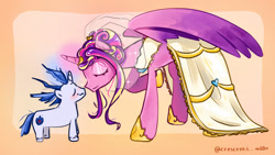Size: 1920x1080 | Tagged: safe, artist:crescentt_m00n, princess cadance, shining armor, alicorn, pony, unicorn, g4, blushing, boop, clothes, dress, duo, eyes closed, female, horn, looking at each other, looking at someone, male, marriage, meme, noseboop, nuzzling, ship:shiningcadance, shipping, simple background, smiling, smiling at each other, straight, the bride and the ugly ass groom, veil, wedding, wedding dress, wedding veil
