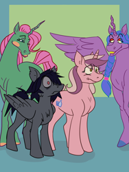 Size: 3000x4000 | Tagged: safe, artist:lordzardozz, oc, oc only, horse, pegasus, pony, unicorn, braid, folded wings, group, hair over one eye, horn, lidded eyes, nervous, pegasus oc, smiling, spread wings, tail, unicorn oc, wide eyes, wings