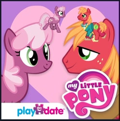 Size: 719x721 | Tagged: safe, edit, playdate digital, big macintosh, cheerilee, earth pony, pony, derpibooru, g4, my little pony: hearts and hooves day, app icon, april fools 2024, big macintosh's yoke, duo, duo male and female, female, freckles, heart, heart background, hearts and hooves day, horse collar, looking at each other, looking at someone, male, mare, meta, my little pony logo, ship:cheerimac, shipping, smiling, stallion, straight, yoke