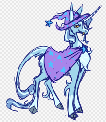 Size: 874x1003 | Tagged: safe, artist:devilbunzz, trixie, pony, unicorn, g4, alpha channel, alternate color palette, alternate design, alternate tailstyle, alternate universe, blaze (coat marking), blue coat, cape, chest fluff, clothes, cloven hooves, coat markings, colored hooves, colored horn, colored pinnae, colored sclera, colored teeth, curved horn, facial markings, fangs, female, hat, horn, leg fluff, leonine tail, lidded eyes, long legs, long mane, long tail, mare, narrowed eyes, patterned background, profile, red pupils, smiling, socks (coat markings), solo, standing, striped horn, tail, tail fluff, tall, thin, thin legs, trixie's cape, trixie's hat, unicorn horn, wavy mane, wavy tail, yellow sclera