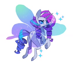 Size: 1190x1082 | Tagged: safe, artist:cutesykill, rarity, bug pony, insect, pony, unicorn, g4, beanbrows, big ears, blue eyes, blue sclera, butterfly wings, colored eyebrows, colored hooves, colored horn, colored pinnae, colored sclera, concave belly, eyebrows, female, flying, horn, long horn, long legs, mare, purple mane, purple tail, race swap, rear view, ringlets, shiny mane, shiny tail, simple background, slit pupils, smiling, solo, sparkles, sparkly wings, spread wings, tail, thick eyelashes, thin legs, transparent wings, unicorn horn, white background, white coat, wings