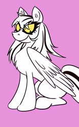 Size: 1541x2472 | Tagged: safe, artist:lordzardozz, oc, oc only, oc:maxis, pegasus, pony, colored sclera, female, looking down, mare, pegasus oc, pink background, simple background, sitting, smiling, solo, tail, yellow sclera