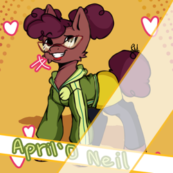 Size: 1280x1280 | Tagged: safe, artist:dummymelon, earth pony, pony, african american, april o'neil, clothes, crossover, emanata, female, heart, ponified, rise of the teenage mutant ninja turtles, smiling, teenage mutant ninja turtles