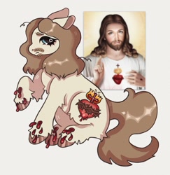 Size: 1519x1565 | Tagged: safe, artist:origamijuni, earth pony, pony, beard, bleeding, blood, blue eyes, brown mane, catholicism, chest fluff, christianity, colored hooves, ears back, elbow fluff, facial hair, hair over one eye, hoof polish, implied crucifiction, injured, jesus christ, lashes, lashes on male, leg fluff, long mane male, one eye covered, ponified, raised hoof, religion, rule 85, sitting, white coat