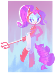 Size: 1012x1348 | Tagged: safe, artist:shugrcube, rarity, human, g4, 2022, alternate hairstyle, boots, breasts, clothes, costume, cutie mark on human, devil costume, devil horns, female, halloween, halloween 2022, halloween costume, hand on hip, holiday, horns, humanized, leotard, pitchfork, pony coloring, shoes, solo, tail, tailed humanization