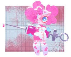 Size: 1261x1009 | Tagged: safe, artist:shugrcube, pinkie pie, earth pony, anthro, g4, 2022, bandage, clothes, garter belt, giant syringe, halloween, hat, holiday, looking at you, nurse, nurse hat, nurse outfit, solo, stockings, syringe, thigh highs