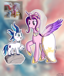 Size: 2480x2953 | Tagged: safe, artist:lurfy, princess cadance, shining armor, alicorn, pony, unicorn, g4, 2024, alternate hairstyle, blushing, bowtie, clothes, dress, duo, duo male and female, female, height difference, hoof shoes, horn, looking down, looking up, male, mare, meme, messy mane, open mouth, open smile, photo reference, princess shoes, raised hoof, rock, ship:shiningcadance, shipping, signature, smiling, spread wings, stallion, straight, tail, the bride and the ugly ass groom, toy, toy interpretation, unshorn fetlocks, veil, wedding dress, wedding veil, wings