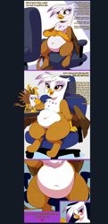 Size: 772x1597 | Tagged: safe, ai assisted, ai content, artist:rupert, edit, generator:pony diffusion v6 xl, generator:stable diffusion, prompter:rupert, gilda, griffon, derpibooru, series:ask white belly gilda, g4, april fools, april fools 2024, ask, belly, belly button, big belly, chair, chubby, cute, desktop ponies, dialogue, fat, featureless crotch, female, food, gildadorable, gildough, heart, implied manehattan, lidded eyes, meta, onomatopoeia, pale belly, pixel art, plump, sitting, solo, sprite, stomach noise, tumblr, white belly