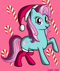 Size: 2480x2953 | Tagged: safe, artist:lurfy, minty, earth pony, pony, g3, g4, 2022, candy, candy cane, christmas, female, food, g3 to g4, generation leap, hat, holiday, looking at you, mare, open mouth, santa hat, signature, socks, solo, tail, that pony sure does love socks