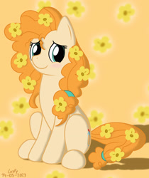 Size: 2480x2953 | Tagged: safe, artist:lurfy, pear butter, earth pony, pony, g4, 2023, blushing, cute, female, flower, flower background, flower in hair, flower in tail, looking at you, mare, pearabetes, signature, sitting, smiling, tail