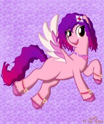 Size: 2480x2953 | Tagged: safe, artist:lurfy, ruby jubilee, pegasus, pony, g5, 2023, butterfly background, female, flower, flower in hair, jewelry, mare, necklace, open mouth, open smile, patterned background, signature, smiling, solo, spread wings, tail, wings