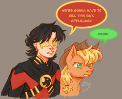 Size: 1905x1548 | Tagged: safe, artist:stolos, applejack, earth pony, human, g4, applejack's hat, cowboy hat, crossover, dc comics, dialogue, duo, female, hat, i think we're gonna have to kill this guy, male, meme, red robin, simple background, superhero, tim drake, unamused