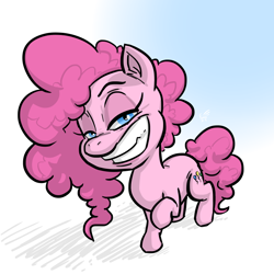 Size: 720x720 | Tagged: safe, artist:lurking-e, pinkie pie, earth pony, pony, g4, female, gradient background, grin, lidded eyes, looking at you, mare, raised hoof, smiling, smiling at you, solo, tail