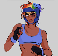 Size: 1348x1301 | Tagged: safe, artist:eeriezoundzz, part of a set, rainbow dash, human, equestria girls, g4, blood, clothes, eyebrow piercing, female, fighting stance, fit, gray background, headgear, humanized, lip piercing, martial arts, nosebleed, piercing, raised fist, simple background, slender, solo, sparring, sports bra, sports outfit, tanned, thin, toned, toned female
