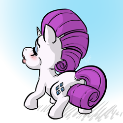 Size: 720x720 | Tagged: safe, artist:lurking-e, rarity, pony, unicorn, g4, 2024, blushing, eyes closed, female, gradient background, horn, mare, rear view, signature, solo, tail