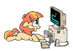 Size: 970x686 | Tagged: safe, artist:myra, oc, oc only, oc:aimless, earth pony, pony, cables, computer, computer mouse, computer screen, earth pony oc, escii keyboard, female, filly, foal, happy, looking sideways, lying down, microsoft, microsoft windows, old computer, on floor, prone, scary maze game, simple background, smiling, solo, speaker, this will end in tears, white background