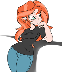 Size: 1039x1200 | Tagged: safe, anonymous editor, artist:reiduran, edit, edited edit, sunset shimmer, human, equestria girls, g4, black shirt, breasts, busty sunset shimmer, clothes, clothes edit, curvy, denim, edit of an edit of an edit, female, freckles, ginger, ginger edit, hourglass figure, human coloration, jeans, lidded eyes, natural hair color, pants, peppered bacon, realism edits, redhead, simple background, solo, sunset ginger, white background, wide hips