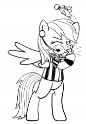 Size: 1418x2042 | Tagged: safe, alternate version, artist:jennieoo, rainbow dash, pegasus, g4, american football, bipedal, black and white, blowing whistle, female, flag, grayscale, headset mic, mare, monochrome, rainblow dash, rainbow dashs coaching whistle, referee, referee rainbow dash, simple background, sketch, solo, sports, super bowl, whistle, whistle necklace, white background