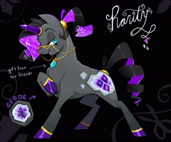 Size: 3000x2500 | Tagged: safe, artist:cracklewink, part of a set, rarity, pony, unicorn, g4, abstract background, alternate color palette, alternate cutie mark, alternate design, alternate hairstyle, alternate mane color, alternate tail color, bangles, blue eyes, colored hooves, colored horn, concave belly, crystal horn, eyelashes, eyeshadow, female, geode, glasses, glasses chain, gray coat, high res, hoof on chest, horn, horn ring, jewelry, lidded eyes, looking back, makeup, mare, necklace, open mouth, open smile, ponytail, profile, raised hoof, redesign, ring, ringlets, shiny hooves, shiny mane, shiny tail, smiling, solo, sparkly eyes, sparkly mane, sparkly tail, standing, tail, text, tied mane, two toned mane, two toned tail, white text, wide stance, wingding eyes
