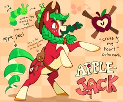 Size: 3000x2500 | Tagged: safe, artist:cracklewink, part of a set, applejack, earth pony, pony, g4, alternate color palette, alternate cutie mark, alternate eye color, alternate hair color, alternate tail color, alternate tailstyle, applejack's hat, blaze (coat marking), braid, braided pigtails, checkered background, coat markings, colored belly, colored hooves, colored muzzle, colored pinnae, cowboy hat, curly tail, eyelashes, facial markings, female, freckles, green mane, hat, high res, mare, open mouth, open smile, pale belly, patterned background, pigtails, plushie, rearing, red coat, saddle, shadow, smiling, socks (coat markings), solo, tack, tail, text, tied mane, two toned mane, unshorn fetlocks, wall of tags, wingding eyes, yellow eyes
