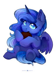 Size: 3165x4096 | Tagged: safe, artist:serenity, princess luna, alicorn, pony, g4, cheek fluff, chibi, constellation, constellation hair, cute, cuteness overload, ear fluff, eating, ethereal mane, female, fluffy, hoof fluff, hoof hold, horn, leg fluff, looking at you, lunabetes, mare, moonpie, munching, nom, partially open wings, simple background, solo, sparkles, starry mane, starry tail, tail, underhoof, white background, wings