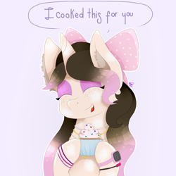 Size: 2000x2000 | Tagged: safe, artist:kathepart, oc, oc only, oc:kinna-ca, unicorn, ^^, bow, bracelet, collar, cupcake, dialogue, ear fluff, eyes closed, eyeshadow, female, food, hair bow, hair bun, happy, horn, jewelry, looking at you, makeup, mare, necklace, simple background, smiling, smiling at you, solo, text