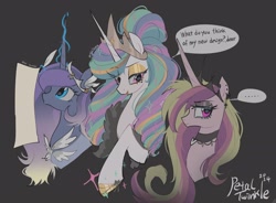 Size: 2048x1504 | Tagged: safe, artist:petaltwinkle, princess cadance, princess celestia, princess luna, alicorn, pony, g4, ..., alicorn triarchy, alternate color palette, alternate design, alternate hair color, alternate hairstyle, bags under eyes, blue coat, blue eyes, bust, cadance is not amused, choker, cross earring, crown, curly mane, dialogue, ear piercing, earring, emo, ethereal mane, eye clipping through hair, eyebrows, eyebrows visible through hair, eyeshadow, feather boa, female, frown, glowing, glowing horn, gradient mane, gray background, hair bun, headpiece, heart choker, height difference, hoof shoes, horn, jewelry, lidded eyes, lipstick, long eyelashes, long horn, long mane, looking at someone, looking back, looking up, magic, makeup, mare, messy mane, multicolored mane, open mouth, open smile, paper, piercing, pink coat, pink eyes, princess shoes, profile, quill pen, raised eyebrow, raised hoof, regalia, ringlets, role reversal, signature, simple background, smiling, sparkles, speech bubble, talking, telekinesis, thick horn, tiara, tied mane, trio, trio female, unamused, unicorn horn, wall of tags, white coat, wingding eyes, writing