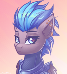 Size: 2000x2200 | Tagged: safe, artist:adagiostring, oc, oc only, pegasus, pony, fallout equestria, abstract background, armor, bust, commission, ear piercing, enclave, enclave armor, fanfic art, female, female oc, gradient background, headshot commission, looking at you, pegasus oc, piercing, portrait, solo