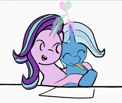 Size: 729x615 | Tagged: safe, artist:rivershine, starlight glimmer, trixie, pony, g4, female, heart, hug, lesbian, love, love magic, magic, mouth hold, pencil, ship:startrix, shipping, simple background, transgender, white background