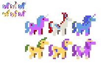 Size: 206x132 | Tagged: safe, artist:derpyfast, hitch trailblazer, izzy moonbow, misty brightdawn, pipp petals, sunny starscout, zipp storm, earth pony, pegasus, pony, unicorn, g5, horn, limited palette, pixel art, simple background, transparent background