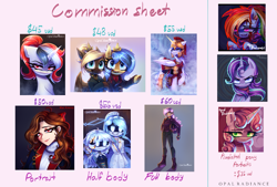 Size: 2949x1988 | Tagged: safe, artist:opal_radiance, rainbow dash, starlight glimmer, sweetie belle, human, robot, g4, advertisement, commission info, humanized, sweetie bot