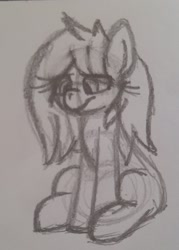 Size: 1518x2125 | Tagged: safe, artist:kenzie, oc, oc only, oc:sketchy sadness, earth pony, pony, black and white, ears up, earth pony oc, grayscale, hair over one eye, hips, looking down, monochrome, pencil drawing, sad, sitting, sketch, solo, traditional art