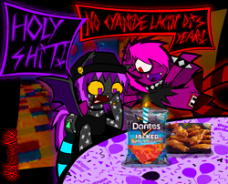 Size: 2276x1838 | Tagged: safe, artist:xxv4mp_g4z3rxx, oc, oc:spaced out, oc:violet valium, bat pony, pony, beanie, birthday, candle, chips, choker, clothes, doritos, duo, emo, fangs, food, hat, hoodie, hot wings, nonbinary, purple eyes, red eyes, smiley face, socks, speech bubble, spiked choker, spiked wristband, tail, two toned mane, two toned tail, wristband