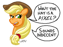 Size: 300x222 | Tagged: safe, artist:texasuberalles, derpibooru exclusive, applejack, earth pony, pony, g4, april fools 2024, bust, cowboy hat, female, hat, mare, meta, pixel art, simple background, solo, speech bubble, white background