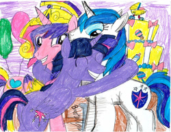 Size: 1017x786 | Tagged: safe, artist:brookellyn, princess cadance, shining armor, twilight sparkle, alicorn, pony, unicorn, g4, balloon, birthday, birthday cake, butt, cake, dusk shine, food, gleaming shield, horn, male, plot, prince bolero, rule 63, stallion